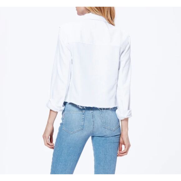 Paige Relaxed Vivienne Cropped Jean Denim Jacket w/ Raw Hem in Crisp White XL - Picture 2 of 15
